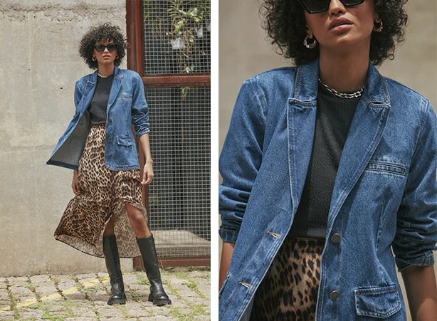 Look com blazer jeans e saia animal print