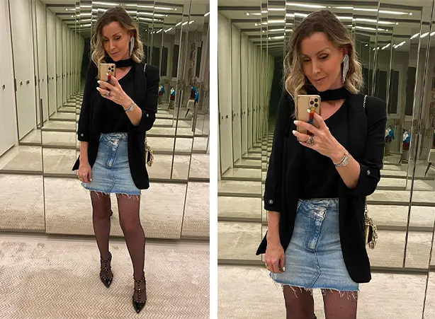 Look com saia jeans desfiada com meia-calça texturizada