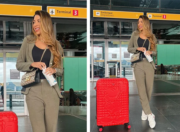 Look para viajar com conjunto de blazer e calça de alfaiataria com tênis branco