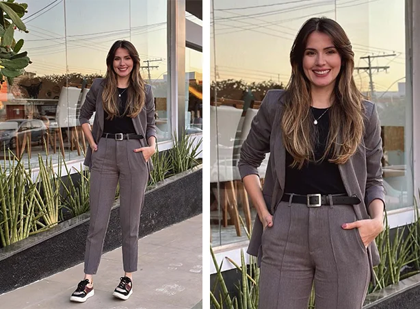 Look de conjunto com blazer e tênis preto