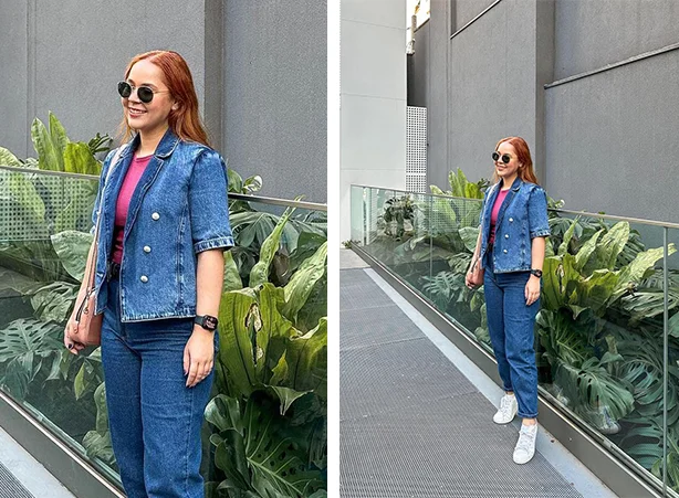 Look feminino todo em jeans com blazer e calça