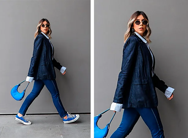 Look de blazer jeans com tênis all star